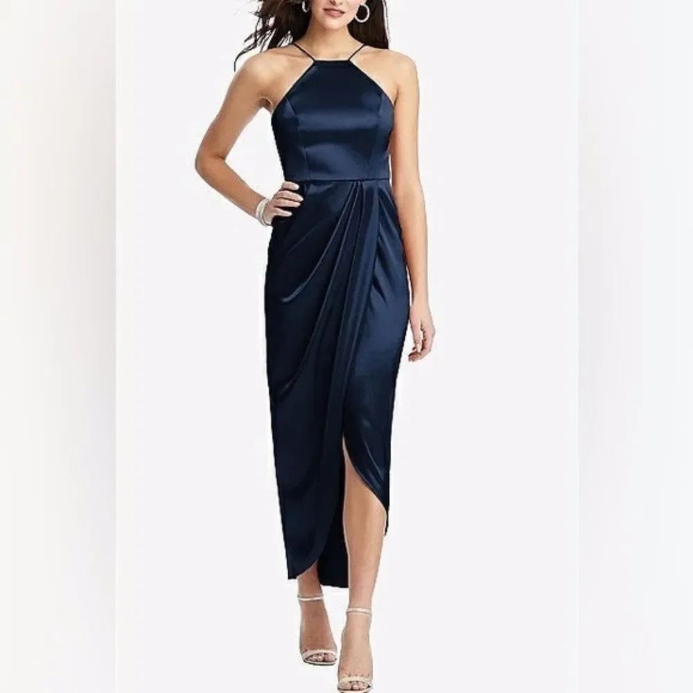 NEW After Six Midnight Blue Stretch Charmeuse Halter Tulip Midi Dress Size 12R